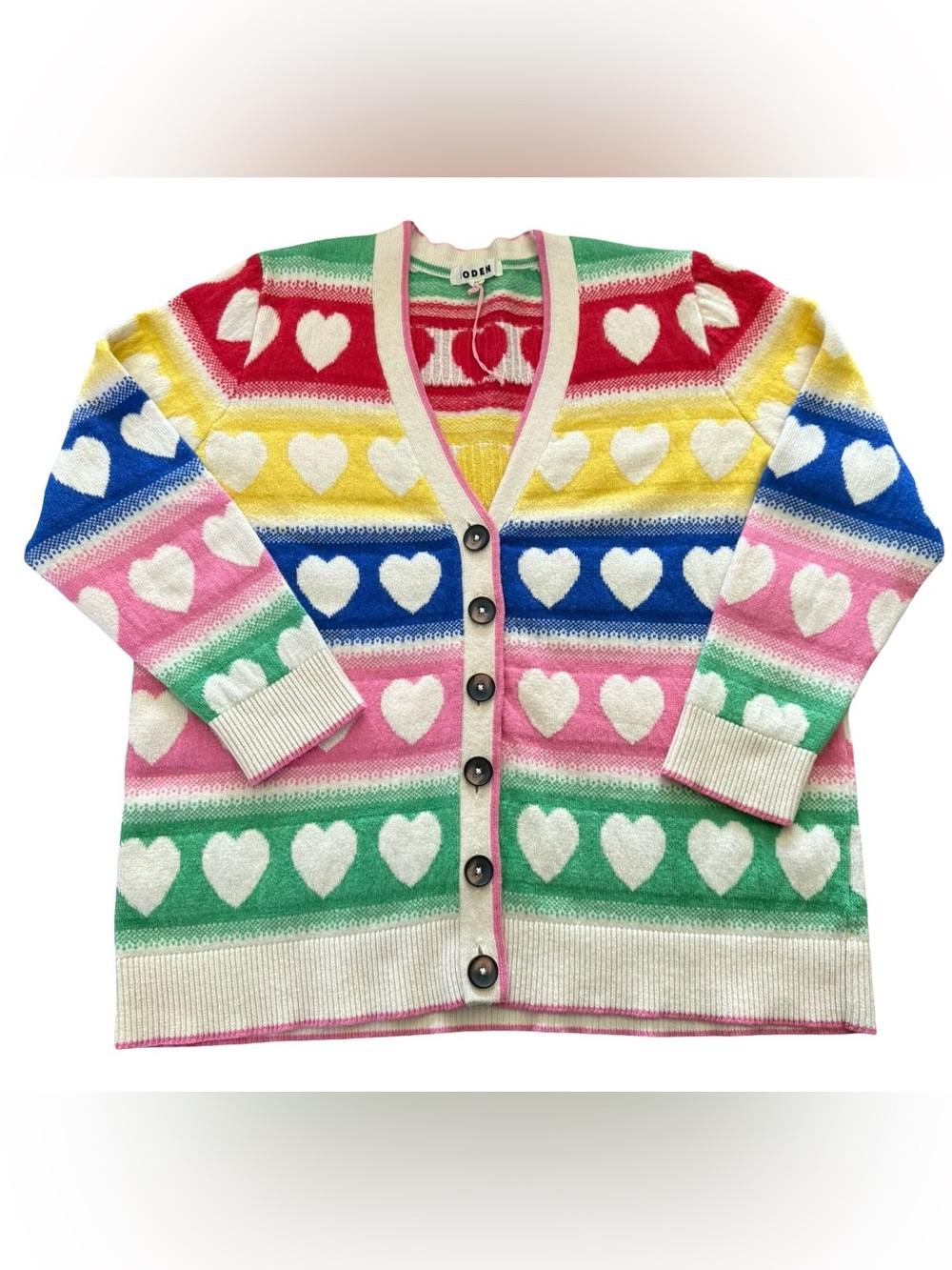 Boden Fair Isle Boyfriend Cardigan XL Rainbow Heart Alpaca Wool Sweater - Picture 2 of 7